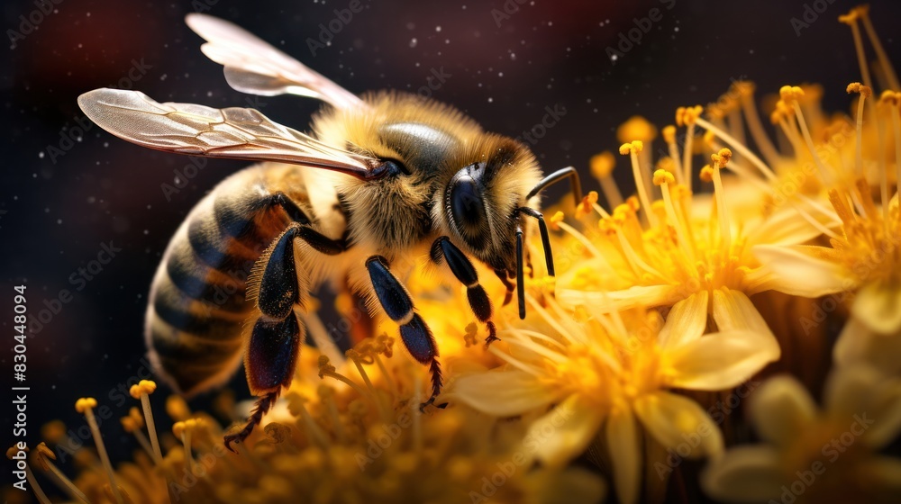 Wall mural a mesmerizing bee, its fuzzy body dusted with pollen,