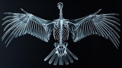 Xray of a birds skeleton with wings extended, displayed on a black background, emphasizing the unique bone structure of avian anatomy