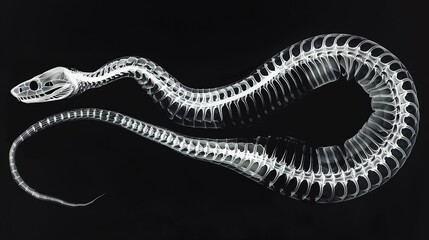 Xray of a snakes elongated skeletal structure, set against a black background, showcasing the intricate details of a reptiles anatomy