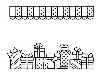 Line drawing illustration of an awning and many gifts lined up