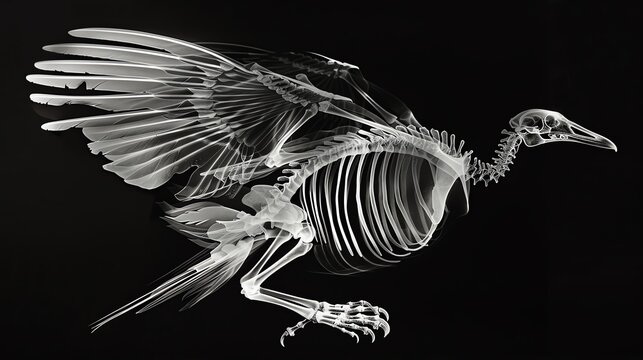 Xray of a birds skeleton with wings extended, displayed on a black background, emphasizing the unique bone structure of avian anatomy