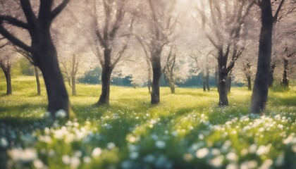 Fototapeta premium A Beautiful Blurred Background of Nature, Featuring a Blooming Glade, Trees, and a Blue Sky on a Sunny Day. Perfect for Capturing the Tranquil Beauty of Springtime. 