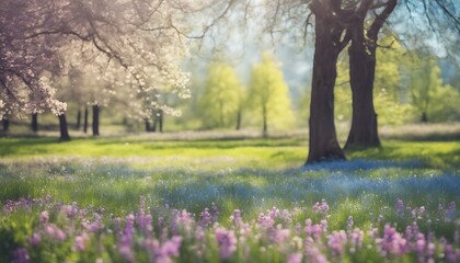 A Beautiful Blurred Background of Nature, Featuring a Blooming Glade, Trees, and a Blue Sky on a Sunny Day. Perfect for Capturing the Tranquil Beauty of Springtime.
