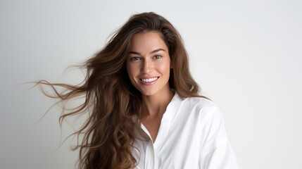 female healthcare professional with flowing hair and a compassionate gaze,