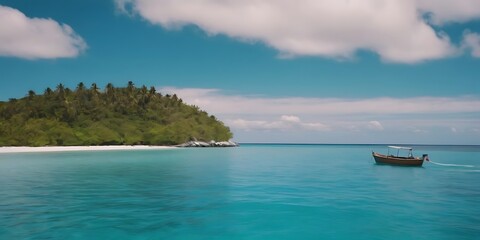 Obraz premium A Boat Sails Through Turquoise Ocean Waters, Framed by a Blue Sky with White Clouds and a Tropical Island in the Distance. A Panoramic View Perfect for Summer Vacation Escapes. 