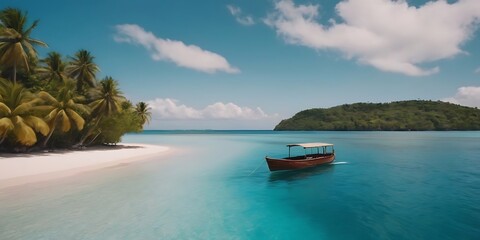 Obraz premium A Boat Sails Through Turquoise Ocean Waters, Framed by a Blue Sky with White Clouds and a Tropical Island in the Distance. A Panoramic View Perfect for Summer Vacation Escapes. 