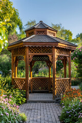 Tranquil Wooden Gazebo in Blooming Garden - A Serene Spot for Relaxation and Leisure amid Lush Greenery and Flowers