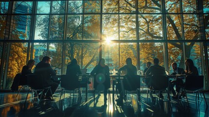 Business professionals work at a communal table, their faces turned away from the camera. Large windows backlight the scene, creating a vibrant and productive atmosphere.