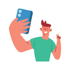 smiling man taking selfie with phone