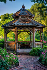 Tranquil Wooden Gazebo in Blooming Garden - A Serene Spot for Relaxation and Leisure amid Lush Greenery and Flowers