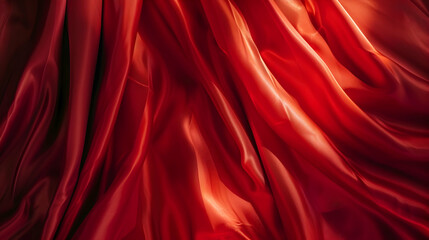 Studio shot of red silk fabric draped elegantly, with light casting shadows and highlighting the fabric's luxurious texture and color.