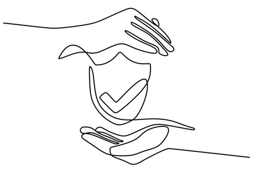 recommend clip art: one continuous single line of shield symbol in the middle of two hands isolated on white background.
