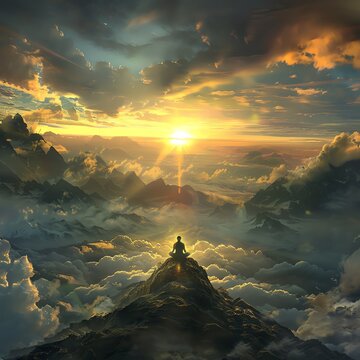 Meditation, sunrise in the background, mountains, a man meditating on top of a mountain in the lotus position, sun rays shining through clouds.