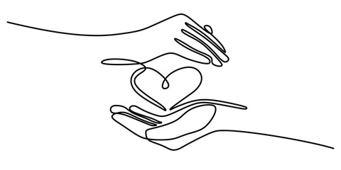 Hands holding heart continuous one line art drawing. Charity donation isolated on white background.