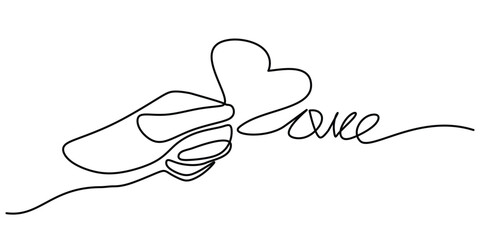 Fototapeta premium One continuous single line of hand hold love heart symbol of care isolated on white background.