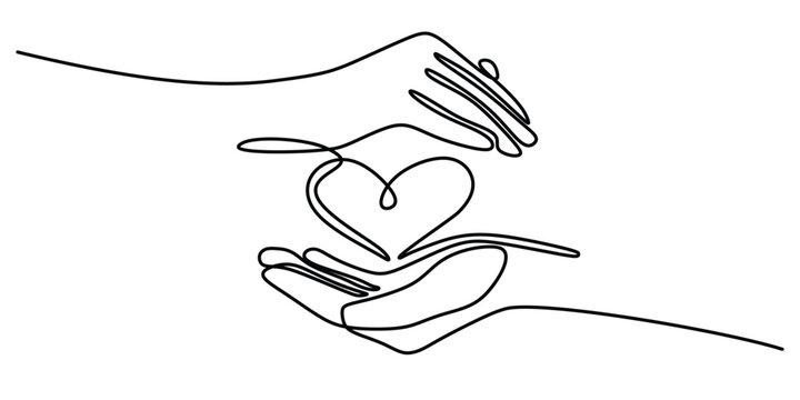 recommend clip art: Hands holding heart continuous one line art drawing. Charity donation isolated on white background.