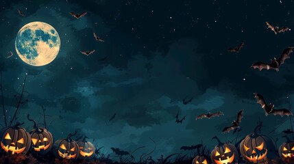 Halloween Background with Full Moon Night with Jack-o'-Lanterns and Bats