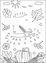 Thanksgiving Day holiday activity sheet. Pilgrim hat hidden picture dot-to-dot, or connect the dots, else join the dots, picture puzzle and coloring page. 
