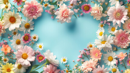 A heart-shaped frame made of various pastel-colored flowers, including daisies and chrysanthemums on the right and left side against an empty blue background.