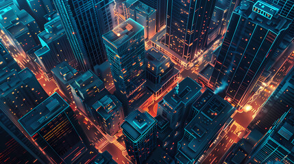 a modern city with illuminated buildings and intricate street patterns at night