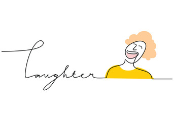 Laughter handwritten inscription with people laughing. One line drawing of phrase hand writing.