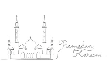 Big mosque with ramadan kareem handwritten inscription in one single continuous line drawing.