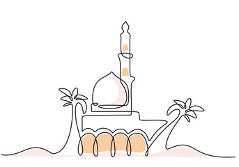 Big mosque on the desert with tree in one single continuous line drawing style Ramadan concept.