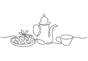 cup teapot and fast breaking dish for iftar in one single continuous line for Ramadan kareem concept