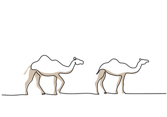 Two big camels on the desert in one single continuous line drawing style for Ramadan kareem concept.