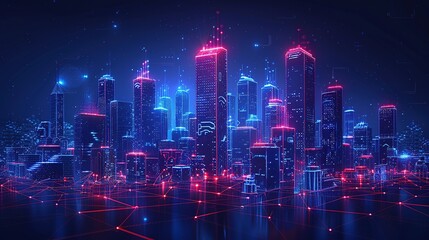 Obraz premium Low Poly Smart City: Wi-Fi Network with Building Automation Features