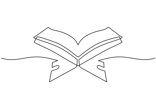 holy book al quran with board in one single continuous line drawing style for Ramadan kareem concept