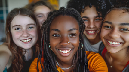 Diverse group of happy young best friends taking a selfie photo together, representing international youth community people concept.
