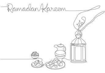 Lantern and fast breaking dish with ramadan kareem handwriting in one single continuous line style.