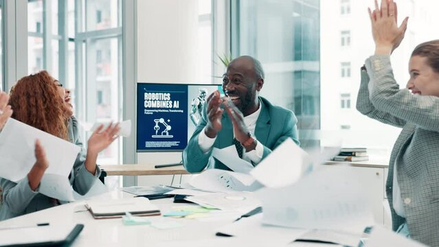 Celebration, paper and throw with business people in boardroom of office together for success. Documents, goals and target with winner employee team in workplace for deal, meeting or motivation
