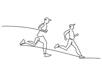 Continuous line drawing of couple man and woman jogging. Concept fitness club.