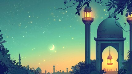 Mosque illustration. Holiday Greetings. Shades of orange and blue.