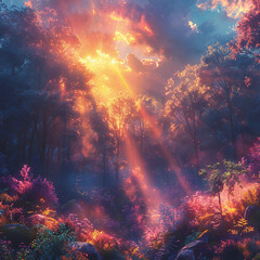 Charming woodland with misty, colorful smoke, heavenly rays piercing through, adorable faunas peering, scene of enchantment.
