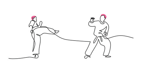 Continuous single line drawing of young man confident karateka in kimono practicing karate combat.