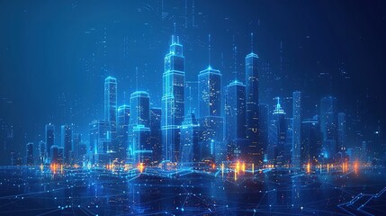 Obraz premium Smart City Network with Wi-Fi: Low Poly Wireframe and Automated Buildings