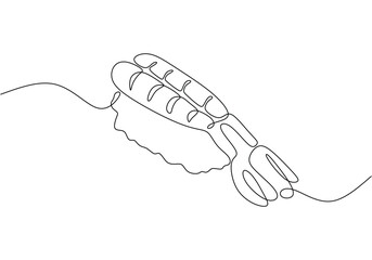 Fototapeta premium Continuous line drawing of sushi japanese food with salmon fish isolated on a white background.