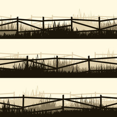 Meadow silhouettes with grass and old wooden fence. Countryside, panoramic summer lawn rural landscape with herbs, weeds. Herbal border, frame element. Brown horizontal banners. Vector illustration