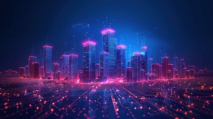 Obraz premium Low Poly Smart City Network: Wi-Fi Enabled Building Automation