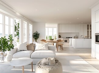 White modern interior of living room and kitchen with dining table, sofa, armchair in light beige tones with fireplace and windows