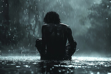 Artistic portrayal in vintage style of a solitary figure amidst the rain, capturing an aura of pensiveness and sorrow.