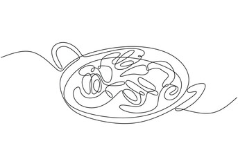 One continuous single line of asian traditional soup food hand drawn isolated on white background.