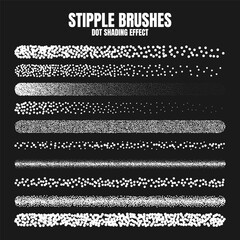 Stipple scatter brush, ink drawing and texturing. Fading gradient. Stippling, dotwork drawing, shading using dots. Halftone disintegration effect. White noise grainy texture. Vector illustration