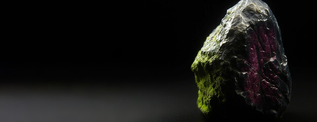 Fluor-liddicoatite is rare precious natural stone on black background. AI generated. Header banner mockup with space.
