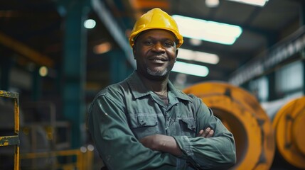 Happy Black African American Factory Worker with Hard Hat and Work Clothes on Production Line
