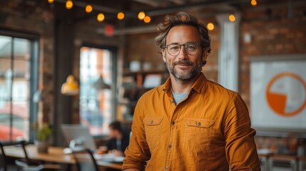 Fototapeta premium Confident Professional in Casual Office Setting. Confident man with glasses in a casual office setting, showcasing a modern and relaxed workspace environment.