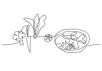 broccoli, carrot, vegetable and healthy food in one continuous single line style on white background